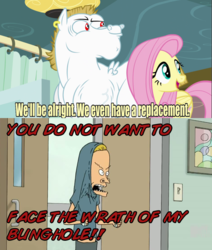 Size: 642x756 | Tagged: safe, edit, edited screencap, screencap, bulk biceps, fluttershy, human, pegasus, pony, g4, rainbow falls, beavis, beavis and butthead, comic, cornholio, holy cornholio, meme, replacement meme