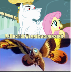 Size: 640x657 | Tagged: safe, edit, edited screencap, screencap, bulk biceps, fluttershy, kaiju, pegasus, pony, g4, rainbow falls, female, godzilla (series), male, mare, meme, mothra, replacement meme, stallion