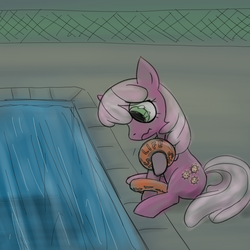 Size: 1000x1000 | Tagged: safe, artist:rki, cheerilee, earth pony, pony, g4, female, poolside, scared, solo, swimming pool, water wings, wavy mouth