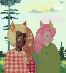 Size: 1024x1130 | Tagged: safe, artist:cubbys, applejack, fluttershy, human, g4, dark skin, eared humanization, humanized, moderate dark skin, uncanny valley