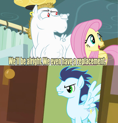 Size: 641x669 | Tagged: safe, edit, edited screencap, screencap, bulk biceps, fluttershy, soarin', pegasus, pony, g4, rainbow falls, female, image macro, male, mare, meme, old cutie mark, replacement meme, stallion