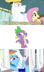 Size: 608x991 | Tagged: safe, edit, edited screencap, screencap, bulk biceps, fluttershy, rainbow dash, spike, g4, rainbow falls, crossing the memes, meme, new rainbow dash, replacement meme, wat