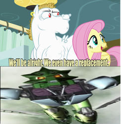 Size: 640x657 | Tagged: safe, edit, edited screencap, screencap, bulk biceps, fluttershy, g4, my little pony: friendship is magic, rainbow falls, bionicle, bionicle mask of light, lego, lewa, meme, replacement meme