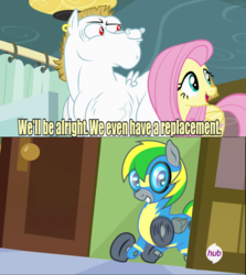 Size: 605x677 | Tagged: safe, edit, edited screencap, screencap, bulk biceps, fluttershy, oc, oc:wheely bopper, original species, pegasus, pony, wheelpone, g4, my little pony: friendship is magic, rainbow falls, female, male, mare, meme, replacement meme, stallion, wonderbolts uniform