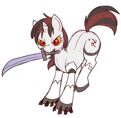Size: 432x422 | Tagged: safe, artist:lulubell, oc, oc only, oc:blackjack, cyborg, pony, unicorn, fallout equestria, fallout equestria: project horizons, amputee, cutie mark, cybernetic legs, fanfic, fanfic art, female, hooves, horn, mare, mouth hold, simple background, solo, sword, weapon, white background