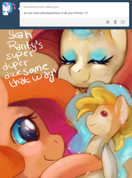 Size: 651x878 | Tagged: dead source, safe, artist:dhui, pinkie pie, rarity, surprise, g4, female, plushie, tired pie