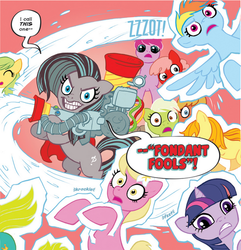 Size: 546x566 | Tagged: safe, artist:carla speed mcneil, idw, lily, lily valley, marine sandwich, rainbow dash, twilight sparkle, earth pony, pegasus, pony, unicorn, friends forever #1, g4, my little pony: friends forever, spoiler:comic, female, frosting, frozen, mare, zot