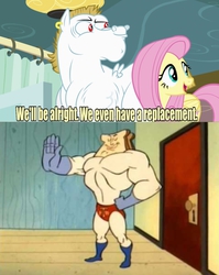 Size: 637x802 | Tagged: safe, edit, edited screencap, screencap, bulk biceps, fluttershy, g4, my little pony: friendship is magic, rainbow falls, caption, meme, powdered toast man, ren and stimpy, replacement meme