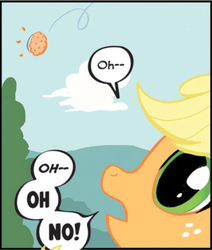 Size: 308x363 | Tagged: safe, idw, official comic, applejack, g4, spoiler:comic, apple pie, female, oh no, solo, speech bubble