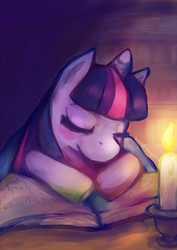 Size: 496x701 | Tagged: safe, artist:scarlet-songstress, twilight sparkle, g4, book, candle, female, sleeping, solo