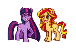 Size: 1000x645 | Tagged: safe, artist:php52, sunset shimmer, twilight sparkle, original species, pony, human head pony, equestria girls, g4, alternative cutie mark placement, duo, facial cutie mark, faic, my horse prince, nightmare fuel, not salmon, wat, what has science done, why, wtf