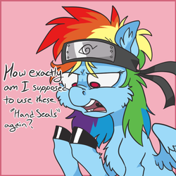 Size: 500x500 | Tagged: safe, artist:xenon, rainbow dash, pony, g4, anime, annoyed, chest fluff, cosplay, cross-eyed, crossover, dialogue, ear fluff, female, headband, mare, naruto, open mouth, parody, solo, unshorn fetlocks