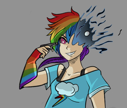 Size: 1000x852 | Tagged: safe, artist:php52, rainbow dash, human, g4, evoker, female, gun, headsplosion, humanized, light skin, persona, persona 3, solo, weapon