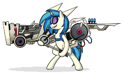 Size: 500x300 | Tagged: safe, artist:muffinexplosion, dj pon-3, vinyl scratch, pony, g4, animated, bass cannon, bipedal, dubstep gun, female, idle animation, simple background, solo, white background