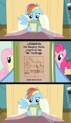 Size: 581x1000 | Tagged: safe, edit, edited screencap, screencap, fluttershy, pinkie pie, rainbow dash, g4, read it and weep, bed, book, comic, hospital bed, meme, reading rainbow, screencap comic, wat