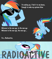 Size: 609x700 | Tagged: safe, artist:drpain, edit, edited screencap, screencap, rainbow dash, pegasus, pony, g4, aura, female, imagine dragons, mare, radioactive, solo, song reference, sunglasses