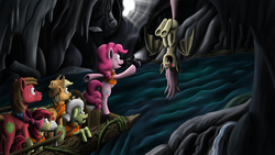 Size: 3840x2160 | Tagged: safe, artist:klystron2010, apple bloom, applejack, big macintosh, fluttershy, granny smith, pinkie pie, bat pony, pony, g4, camera, cave, flutterbat, race swap, raft, river, scariest cave in equestria, wallpaper