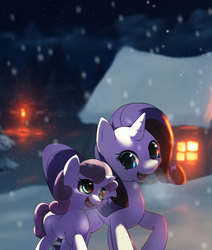 Size: 902x1062 | Tagged: safe, artist:apricolor, rarity, sweetie belle, pony, unicorn, g4, duo, female, horn, looking at each other, open mouth, smiling, snow, snowfall