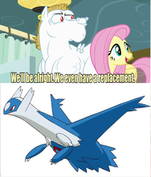 Size: 643x756 | Tagged: safe, edit, edited screencap, screencap, bulk biceps, fluttershy, latios, g4, rainbow falls, meme, pokémon, replacement meme