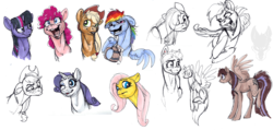 Size: 2093x1000 | Tagged: safe, artist:tsebresos, applejack, fluttershy, pinkie pie, rainbow dash, rarity, twilight sparkle, oc, g4, confused, drool, drunk, excited, floppy ears, happy, mane six, messy mane, open mouth, raised leg, smiling, spread wings, wink