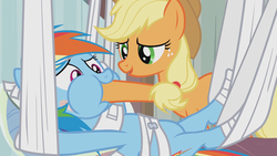 Size: 1920x1080 | Tagged: safe, screencap, applejack, rainbow dash, g4, rainbow falls, feignbow dash, force feeding, hoof in mouth, hoofjack, hooves, hospital