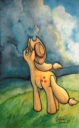 Size: 621x1000 | Tagged: safe, artist:dracontiar, applejack, earth pony, pony, g4, cloud, cloudy, cowboy hat, female, field, grass, hat, mare, sky, solo, stetson, storm, stormcloud, traditional art, watercolor painting, wind
