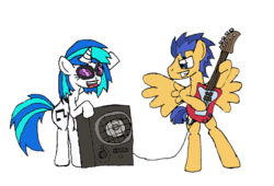 Size: 1194x811 | Tagged: safe, artist:jrapcdaikari, dj pon-3, flash sentry, vinyl scratch, pegasus, pony, unicorn, g4, backwards cutie mark, bass guitar, bipedal, duo, guitar, magical bass guitar, musical instrument, simple background, speaker, transparent background, wub