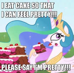 Size: 872x859 | Tagged: safe, princess celestia, g4, cake, cakelestia, eating, eating disorder, female, image macro, meme, solo