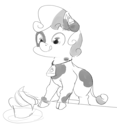 Size: 833x900 | Tagged: safe, artist:doppelgaenger, sweetie belle, cow, g4, cowbell, cowbelle, cowified, ear tag, female, grayscale, monochrome, solo, species swap