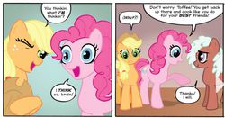 Size: 997x523 | Tagged: safe, idw, official comic, applejack, pinkie pie, toffee truffle, friends forever #1, g4, my little pony: friends forever, spoiler:comic, pinky and the brain