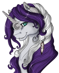 Size: 478x588 | Tagged: safe, artist:silvermoonbreeze, oc, oc only, oc:moonbreeze, pony, unicorn, braid, bust, ear piercing, earring, facial markings, feather, female, grin, horn, jewelry, looking at you, mare, piercing, portrait, simple background, smiling, solo, unicorn oc, white background