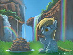 Size: 800x600 | Tagged: dead source, safe, artist:grissaecrim, derpy hooves, pegasus, pony, g4, rainbow falls, female, mare, muffin, solo