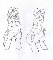 Size: 1280x1428 | Tagged: safe, artist:zacharyisaacs, oc, oc only, oc:hot fudge, pony, bipedal, ice cream, monochrome, sequence, solo, weight gain, wide hips