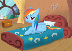 Size: 5000x3514 | Tagged: safe, artist:birdco, rainbow dash, pegasus, pony, g4, bed, bedroom eyes, female, golden oaks library, implied lesbian, implied shipping, implied twidash, lesbian, morning ponies, shipping, solo
