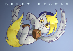 Size: 1754x1240 | Tagged: safe, artist:kuang-han, derpy hooves, pegasus, pony, g4, falling, female, hat, mailpony, mare, pixiv, saddle bag, solo