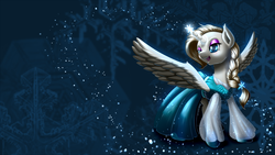Size: 1920x1080 | Tagged: safe, artist:renatethepony, alicorn, pony, clothes, crossover, dress, elsa, frozen (movie), ponified, snow, snowflake, solo, wallpaper