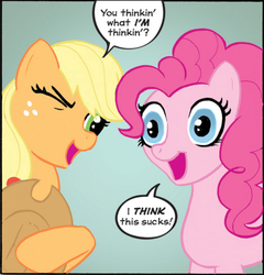 Size: 469x488 | Tagged: safe, edit, editor:wanderingpony, idw, applejack, pinkie pie, friends forever #1, g4, my little pony: friends forever, comic, horrible, shopped