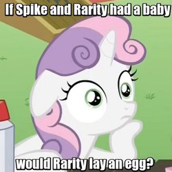 Size: 500x500 | Tagged: safe, edit, edited screencap, screencap, rarity, spike, sweetie belle, pony, unicorn, g4, ponyville confidential, caption, cropped, egg, female, floppy ears, hoof on chin, image macro, implied oviposition, implied shipping, implied sparity, implied straight, meme, question, solo, speculation, sudden clarity sweetie belle, text