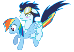 Size: 1024x727 | Tagged: dead source, safe, artist:pozitheteensie, rainbow dash, soarin', pegasus, pony, g4, bedroom eyes, blushing, duo, female, floppy ears, flying, goggles, male, mare, ponies riding ponies, riding, ship:soarindash, shipping, show accurate, simple background, smiling, soarin riding rainbow dash, spread wings, stallion, straight, transparent background, vector