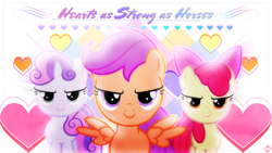 Size: 1920x1080 | Tagged: safe, artist:kibbiethegreat, apple bloom, scootaloo, sweetie belle, flight to the finish, g4, bedroom eyes, cutie mark crusaders, hearts as strong as horses, vector, wallpaper