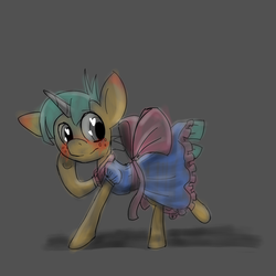 Size: 1000x1000 | Tagged: safe, artist:rki, snails, pony, unicorn, g4, blushing, clothes, crossdressing, dress, glitter shell, solo, wingding eyes