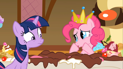 Size: 1366x768 | Tagged: safe, screencap, pinkie pie, twilight sparkle, g4, my little pony: friendship is magic, swarm of the century, cake, crown, sugarcube corner