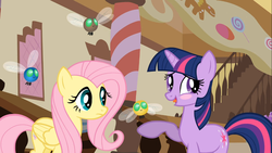 Size: 1366x768 | Tagged: safe, screencap, fluttershy, twilight sparkle, parasprite, g4, my little pony: friendship is magic, swarm of the century, blushing