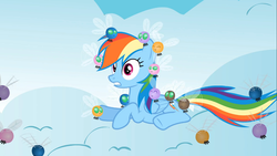 Size: 1366x768 | Tagged: safe, screencap, rainbow dash, parasprite, pegasus, pony, g4, swarm of the century, cloud, oh crap, on a cloud, wide eyes