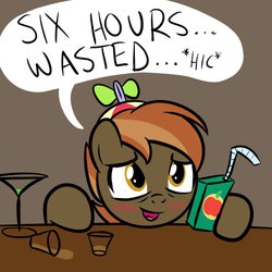 Size: 894x894 | Tagged: safe, artist:drawponies, button mash, earth pony, pony, bar buddies, g4, apple juice, bar, blushing, colt, foal, hat, hooves, juice box, male, martini, open mouth, propeller hat, solo, speech bubble, underaged drinking