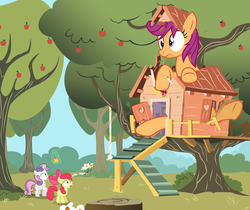 Size: 2500x2100 | Tagged: safe, artist:anarchemitis, apple bloom, scootaloo, sweetie belle, earth pony, pegasus, pony, unicorn, g4, clubhouse, crusaders clubhouse, cutie mark crusaders, giant pony, giant scootaloo, giantess, growth, macro, potion