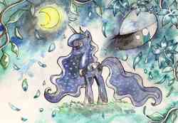 Size: 13724x9480 | Tagged: safe, artist:nightrosi, princess luna, g4, absurd resolution, crying, female, leaves, moon, solo, traditional art