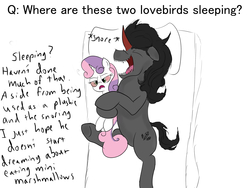 Size: 2800x2100 | Tagged: safe, artist:frikdikulous, king sombra, sweetie belle, pony, unicorn, g4, ask, bed, colored, colored horn, coloring error, cuddling, curved horn, error, eyes closed, female, filly, foal, horn, male, pillow, pink sclera, queen sweetie belle, questionable shipping, shipping, sketch, sleeping, snuggling, sombra horn, sombra's cutie mark, sombrabelle, spooning, stallion, straight, text, tumblr, tumblr:ask king sombra and queen sweetie belle
