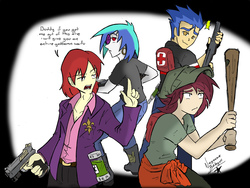 Size: 3181x2391 | Tagged: safe, artist:nayaasebeleguii, dj pon-3, flash sentry, nolan north, normal norman, vinyl scratch, human, equestria girls, g4, background human, baseball bat, boomer bile, exploitable meme, gun, left 4 dead, left 4 dead 2, medkit, meme, pistol, shotgun, waifu, waifu thief