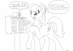 Size: 1280x905 | Tagged: safe, artist:nasse, coco pommel, g4, coffee, female, monochrome, solo, trot-through
